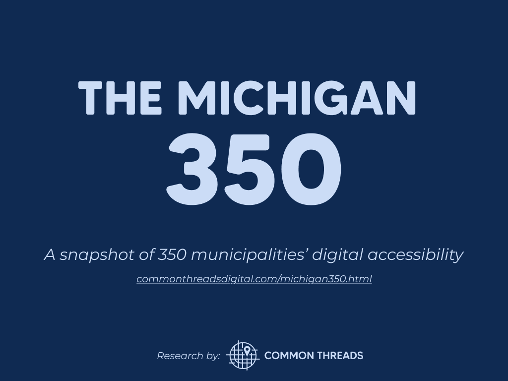 Title card: The Michigan 350, a snapshot of 350 municipalities' digital accessibility. Research by Common Threads.